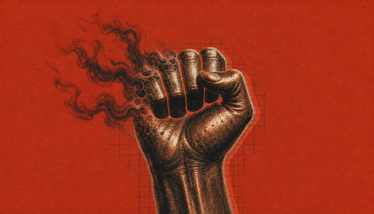 Bronze fist dissolving into smoke illustrating emotional control in stoicism vs buddhism