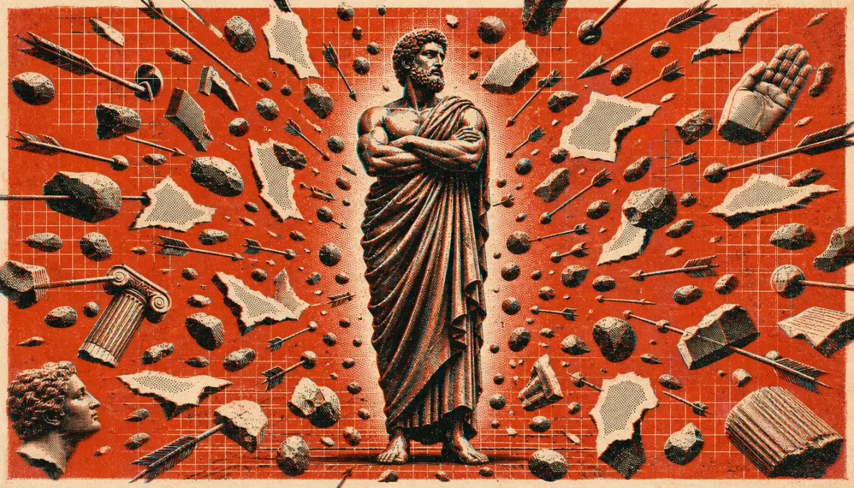 A still bronze figure surrounded by suspended projectiles, depicting the six-step protocol for how to handle disrespect