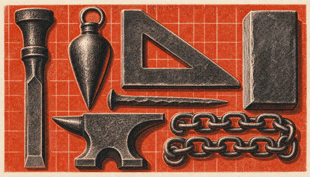 Seven forged iron tools in a grid, representing the seven steps of building a personal code of conduct