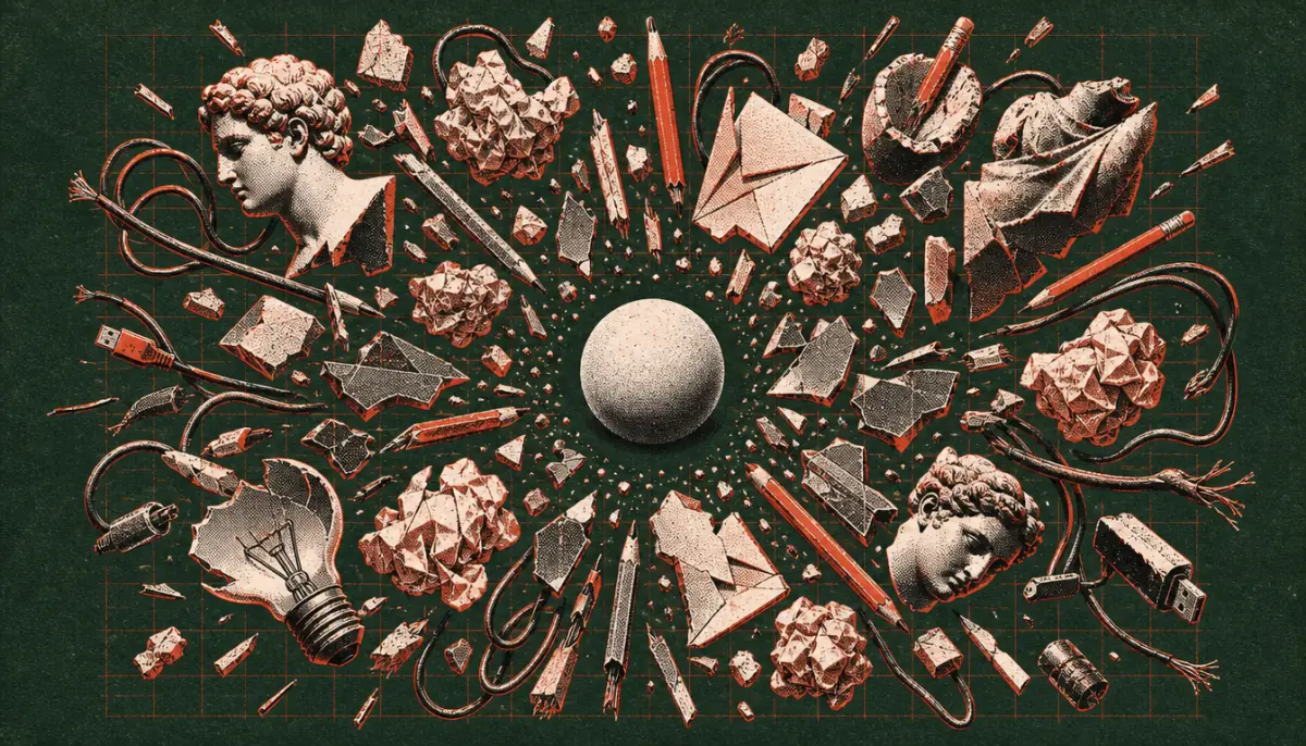 Calm stone sphere surrounded by flying debris depicting ataraxia under real pressure