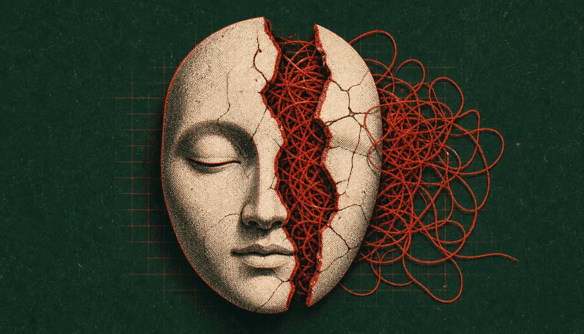 A cracked calm mask leaking tangled thread, representing failure modes when learning how to handle disrespect