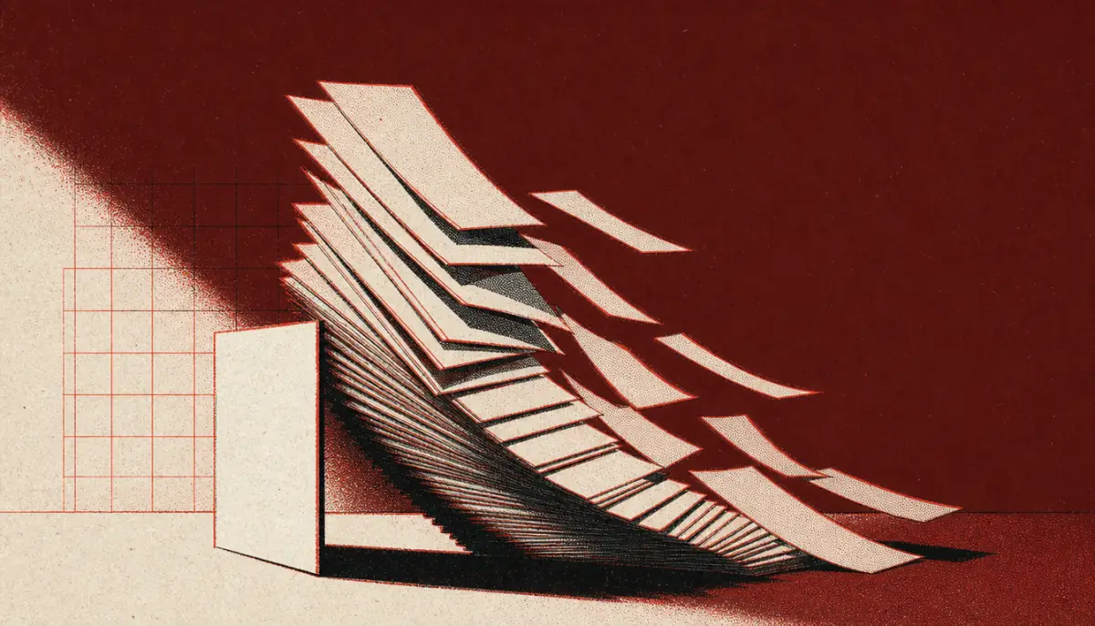 Collapsing paper stack with one page standing, showing common failure modes of a personal code of conduct
