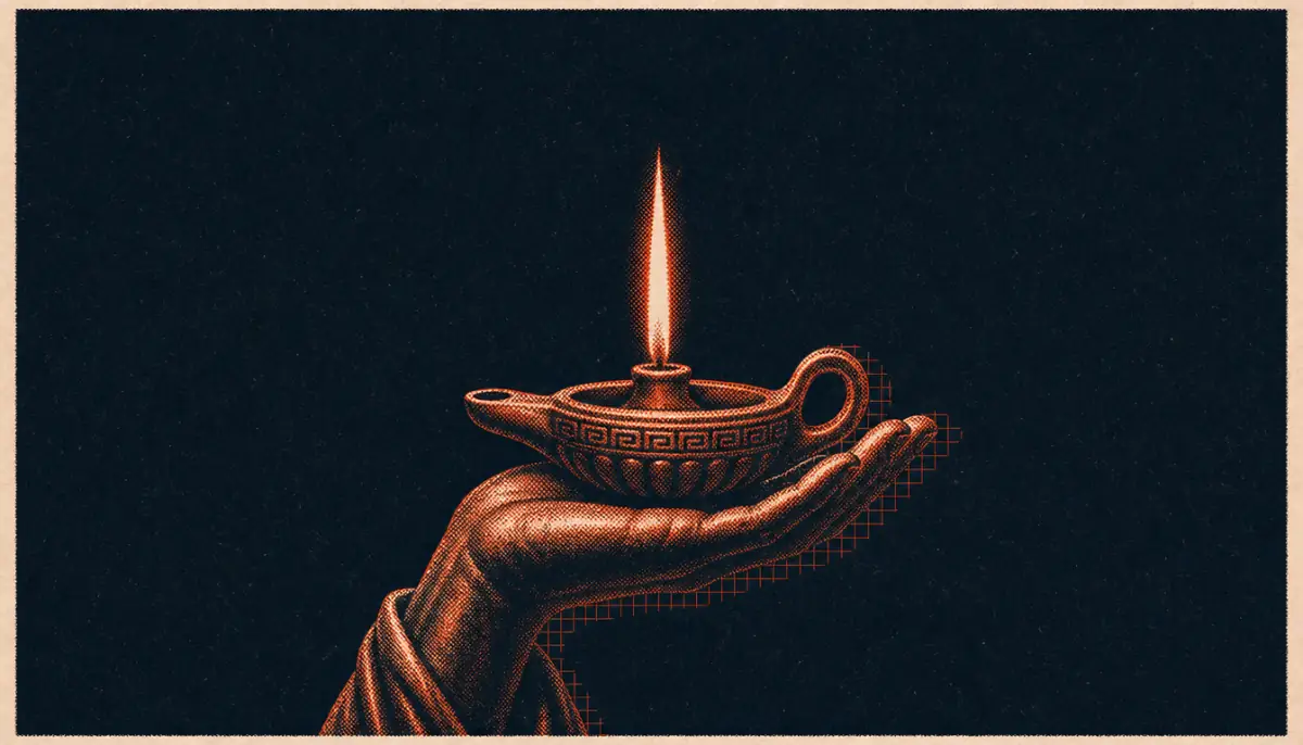 Steady unwavering flame in a bronze hand illustrating ataraxia as trained inner calm