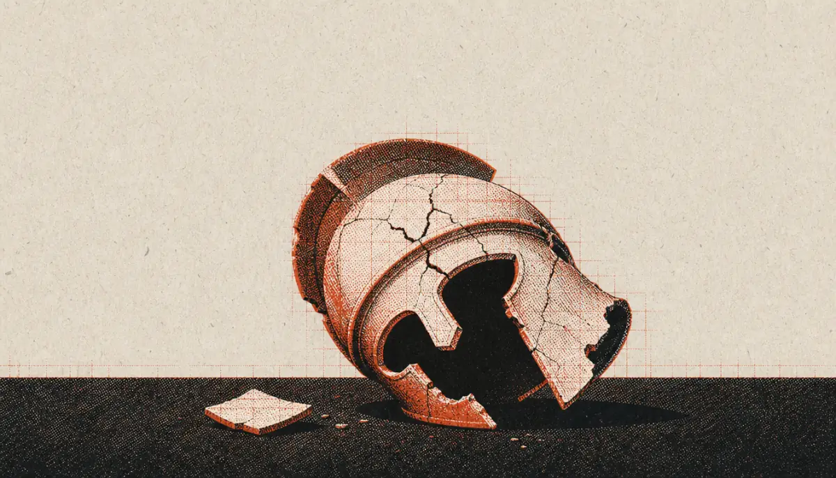 Cracked empty helmet symbolizing failed dominance displays in body language for men