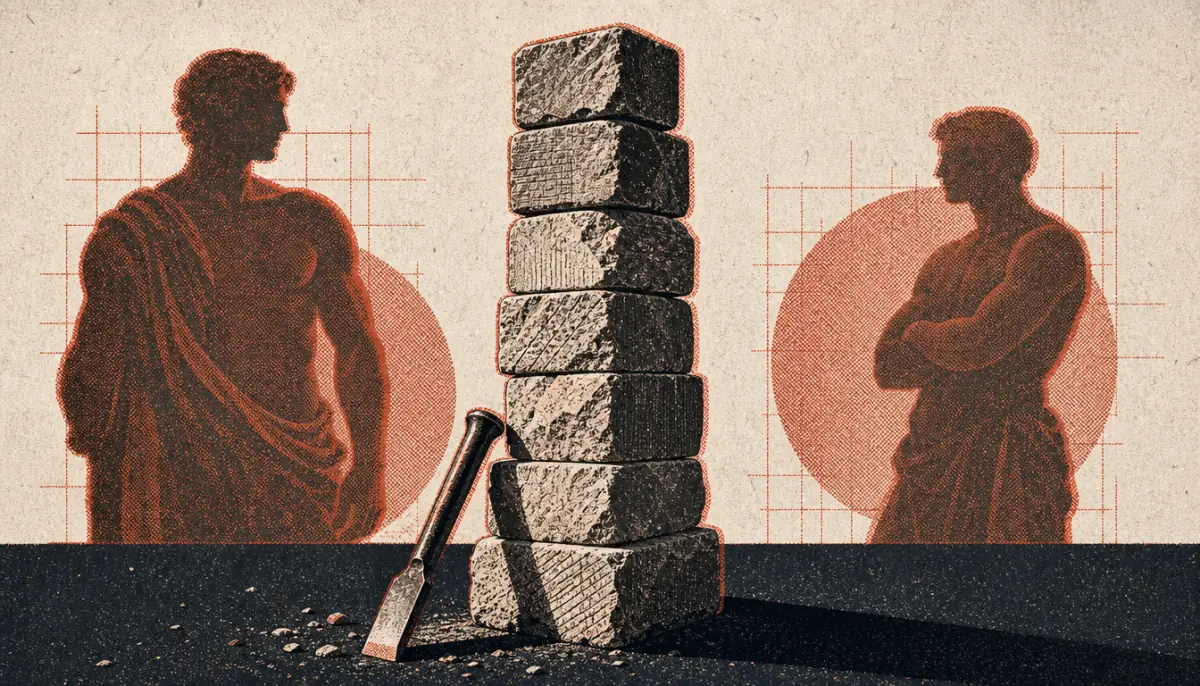 Stone column under construction symbolising training toward apatheia meaning