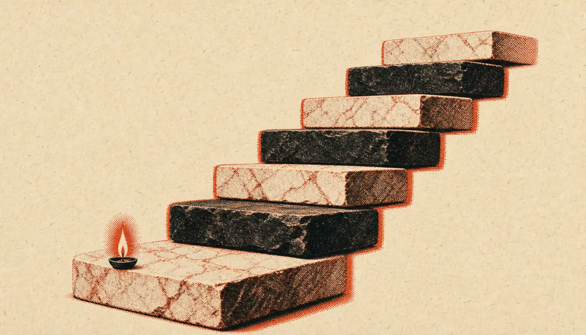 Alternating marble and basalt steps symbolizing daily practice in stoicism vs buddhism