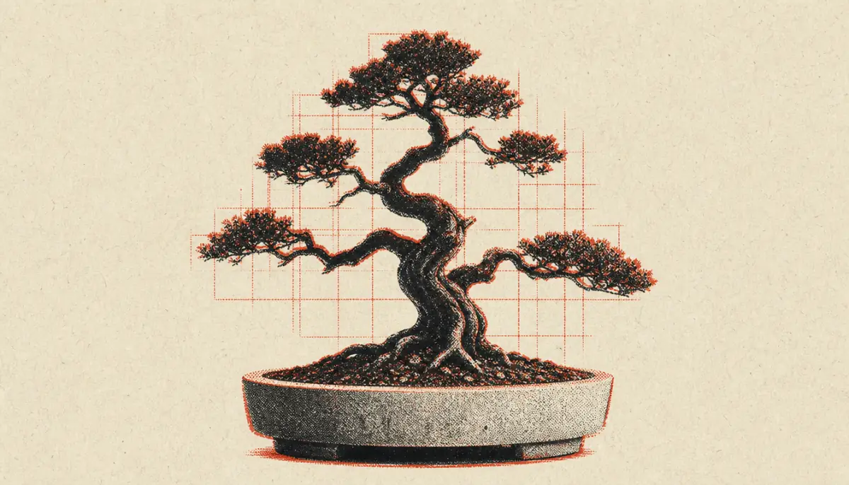 Iron bonsai in a concrete dish, representing slow revision and maintenance of a personal code of conduct