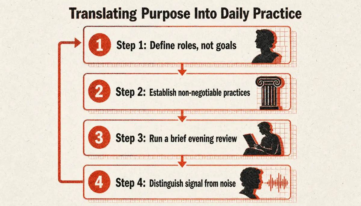 Four-step process diagram for living a purpose vs passion framework