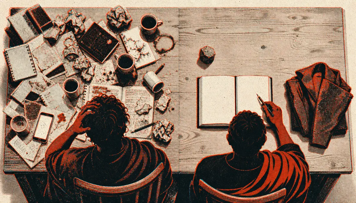 Two contrasting desks showing purpose vs passion frameworks side by side